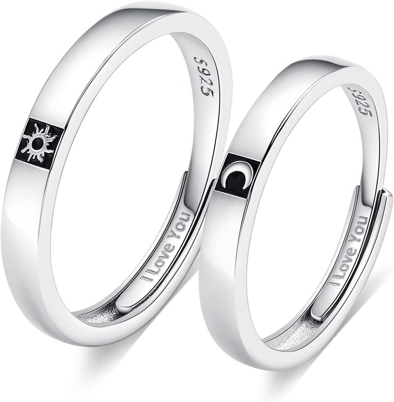 Beydodo 925 Silver Rings Custom Adjustable Sun and Moon Matching Rings Engraved I Love You Couples Rings Wedding - Image 1